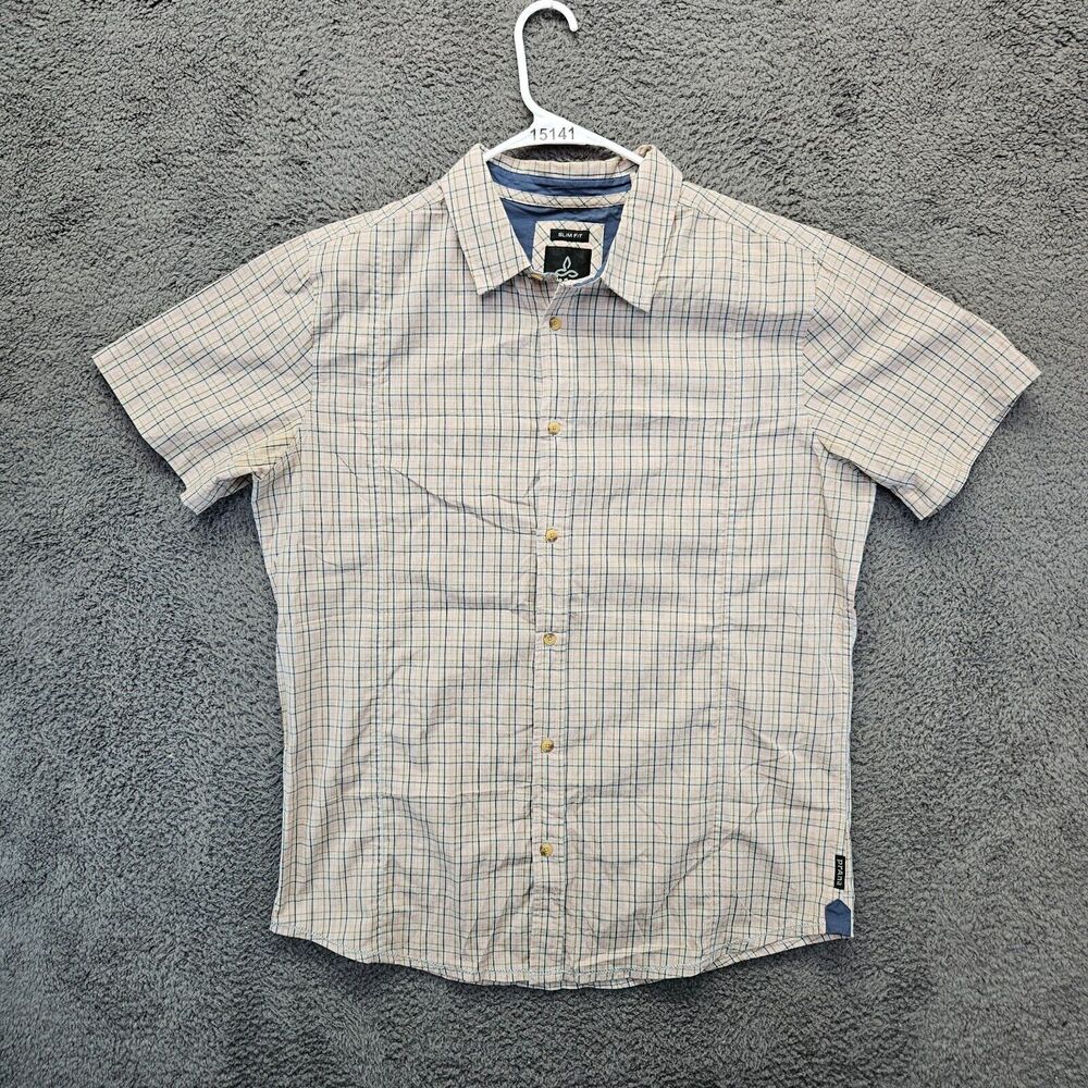 Prana Lukas Shirt Men Size Large Beige Multi Plaid Short Sleeve Button Up